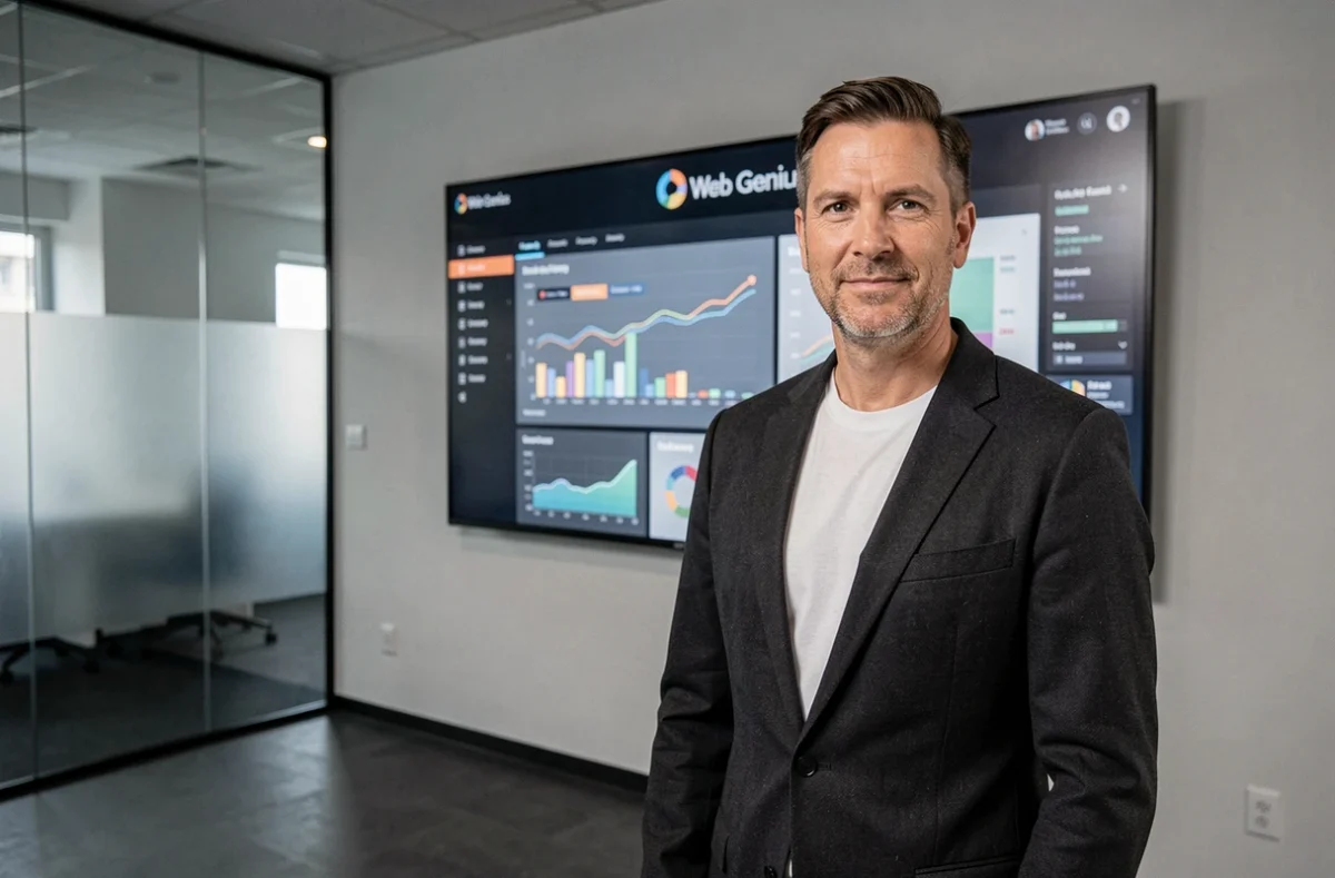 Stratège web de l'agence Web Genius présentant un tableau de bord analytique dans une salle de direction minimaliste